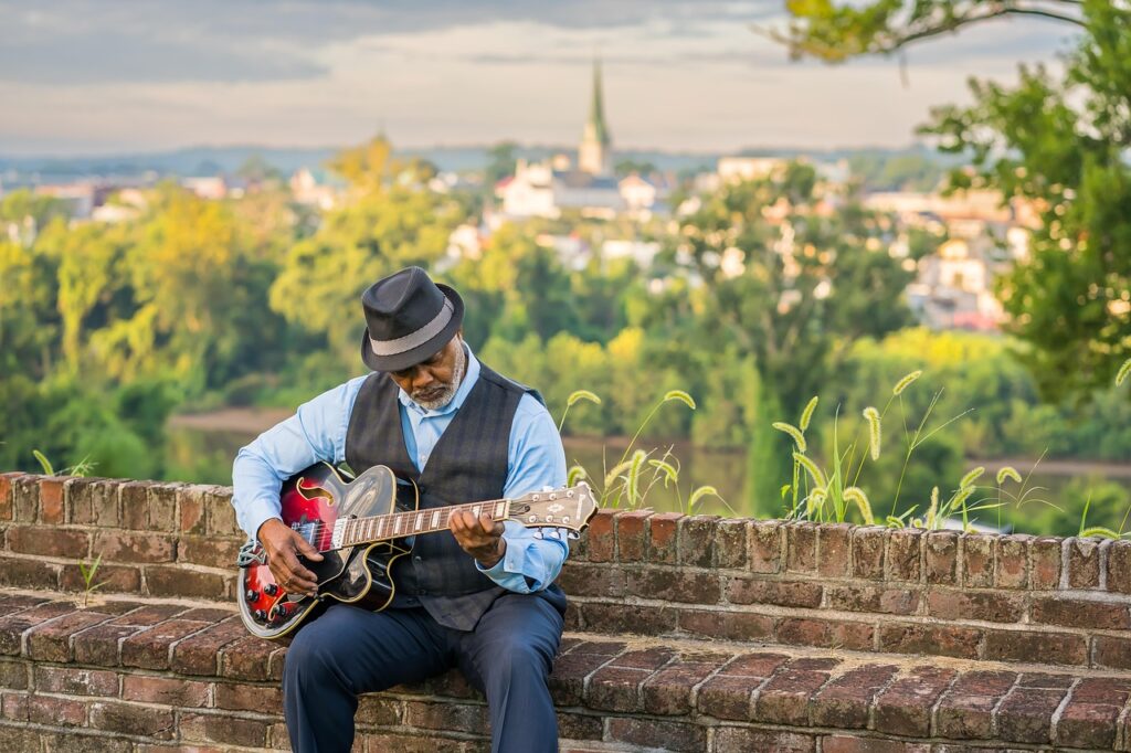 man, music, guitar, senior, countryside, portrait